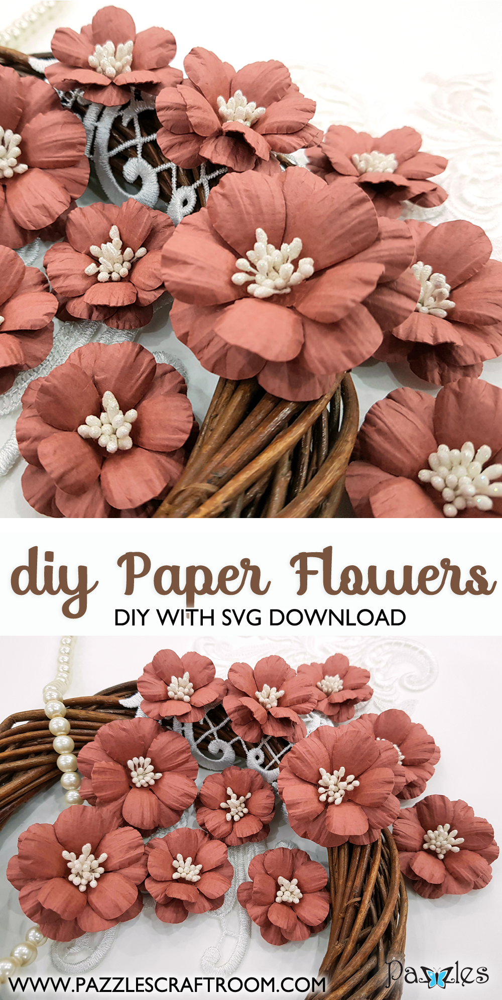 Pazzles DIY Beautiful Paper Flowers with instant SVG download. Instant SVG download compatible with all major electronic cutters including Pazzles Inspiration, Cricut, and Silhouette Cameo. Design by Nida Tanweer.