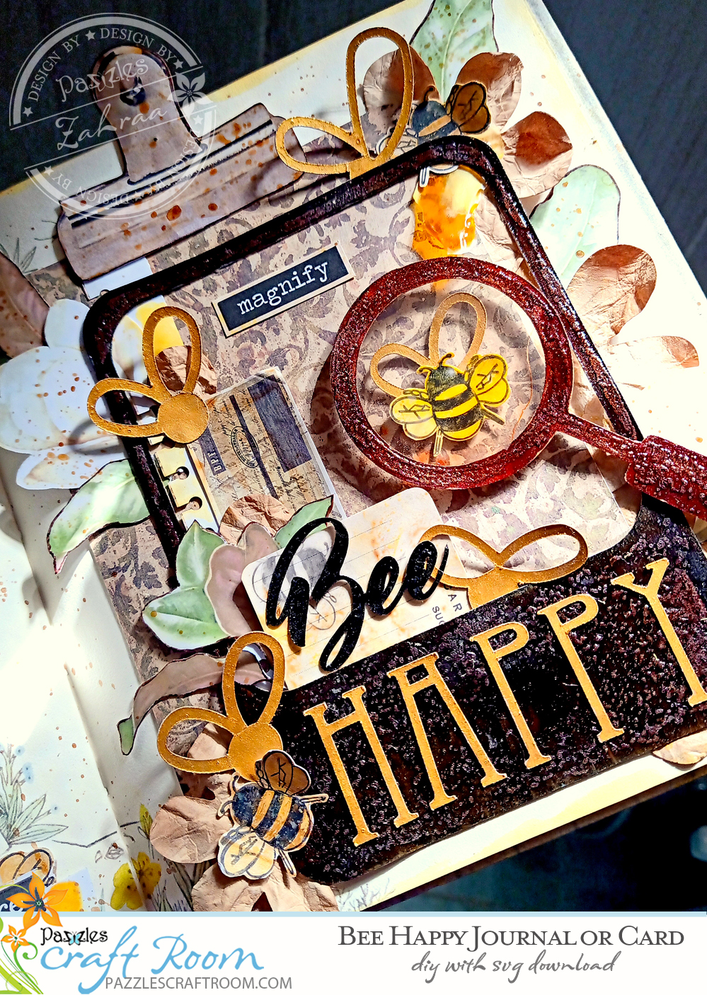 Pazzles DIY Bee Happy Journal or Card Cover. Instant SVG download compatible with all major electronic cutters including Pazzles Inspiration, Cricut, and Silhouette Cameo. Design by Zahraa Darweesh.