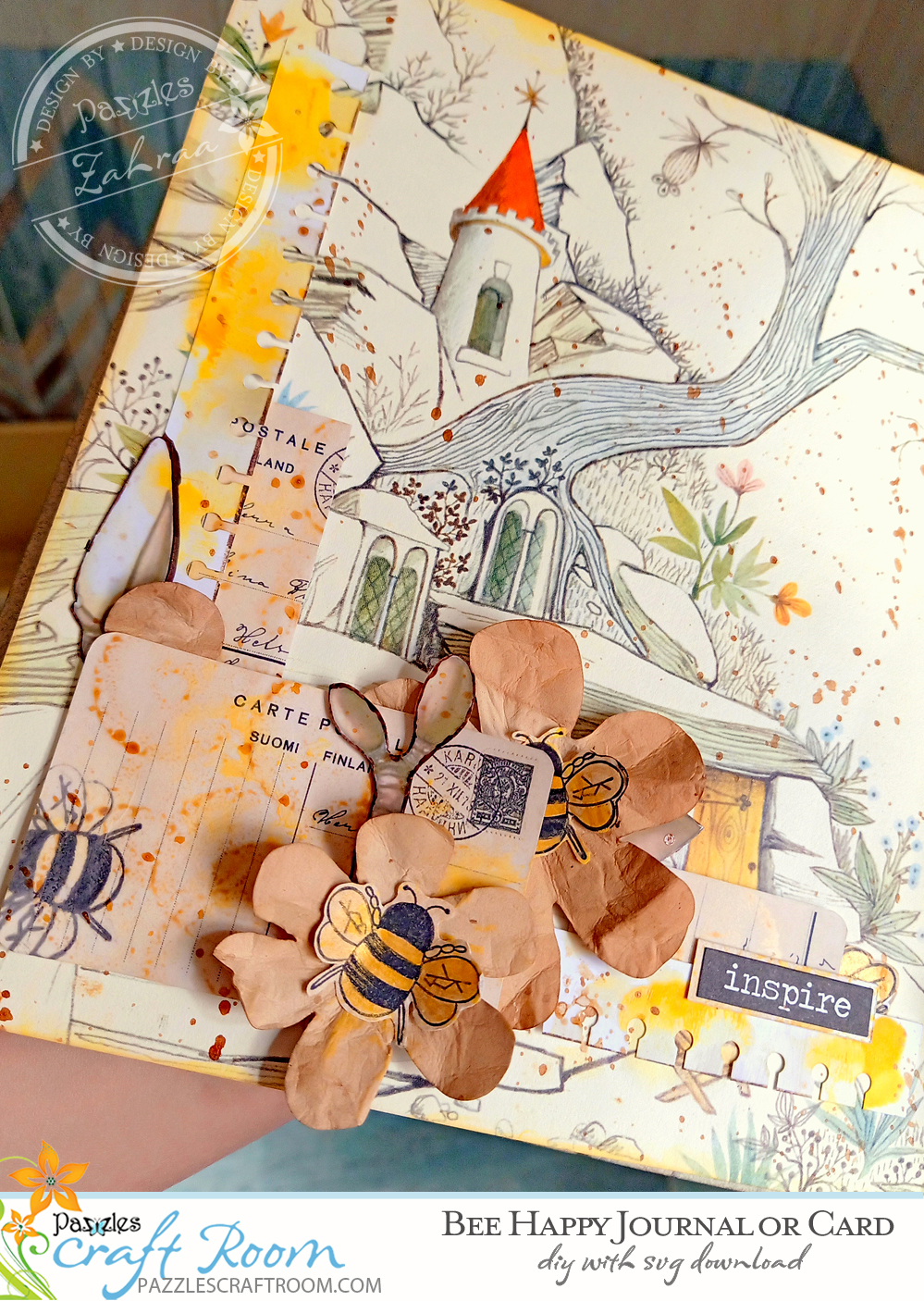 Pazzles DIY Bee Happy Journal or Card Cover. Instant SVG download compatible with all major electronic cutters including Pazzles Inspiration, Cricut, and Silhouette Cameo. Design by Zahraa Darweesh.