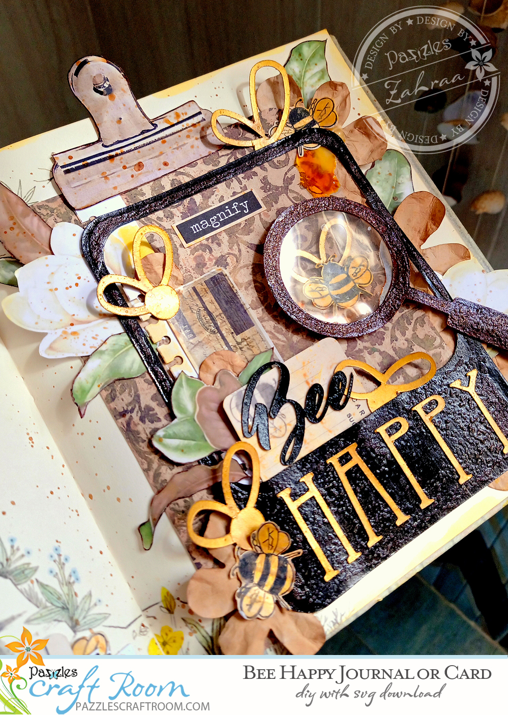 Pazzles DIY Bee Happy Journal or Card Cover. Instant SVG download compatible with all major electronic cutters including Pazzles Inspiration, Cricut, and Silhouette Cameo. Design by Zahraa Darweesh.