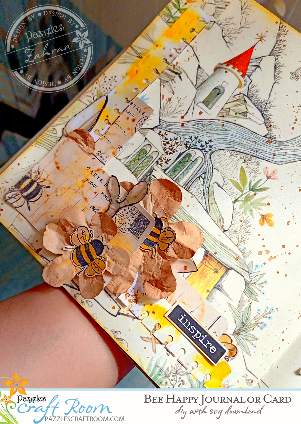 Pazzles DIY Bee Happy Journal or Card Cover. Instant SVG download compatible with all major electronic cutters including Pazzles Inspiration, Cricut, and Silhouette Cameo. Design by Zahraa Darweesh.