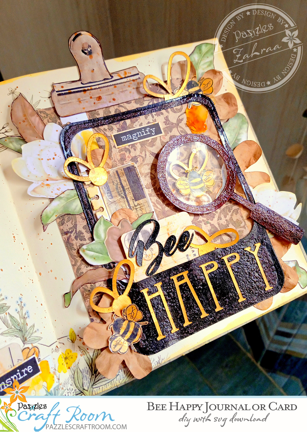 Pazzles DIY Bee Happy Journal or Card Cover. Instant SVG download compatible with all major electronic cutters including Pazzles Inspiration, Cricut, and Silhouette Cameo. Design by Zahraa Darweesh.