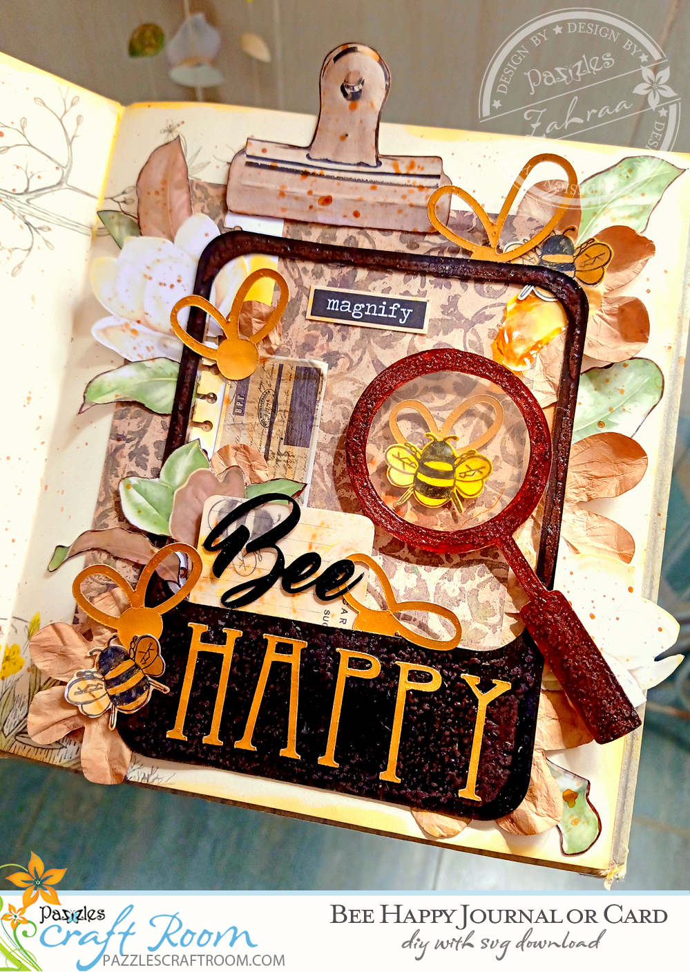 Pazzles DIY Bee Happy Journal or Card Cover. Instant SVG download compatible with all major electronic cutters including Pazzles Inspiration, Cricut, and Silhouette Cameo. Design by Zahraa Darweesh.