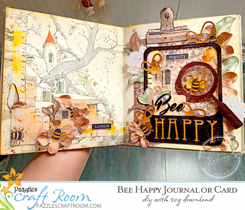Pazzles DIY Bee Happy Journal or Card Cover. Instant SVG download compatible with all major electronic cutters including Pazzles Inspiration, Cricut, and Silhouette Cameo. Design by Zahraa Darweesh.