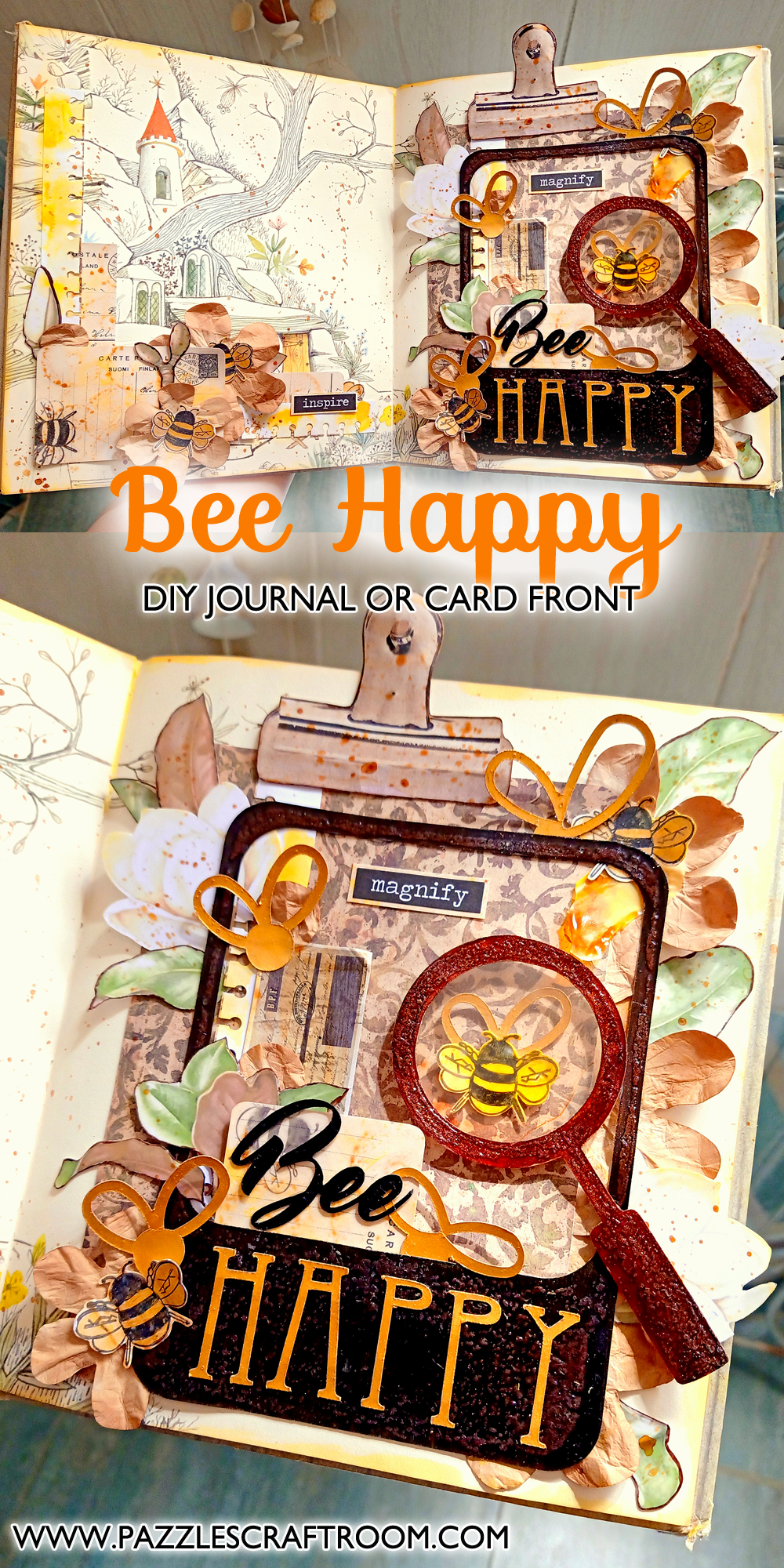 Pazzles DIY Bee Happy Journal or Card Cover. Instant SVG download compatible with all major electronic cutters including Pazzles Inspiration, Cricut, and Silhouette Cameo. Design by Zahraa Darweesh.