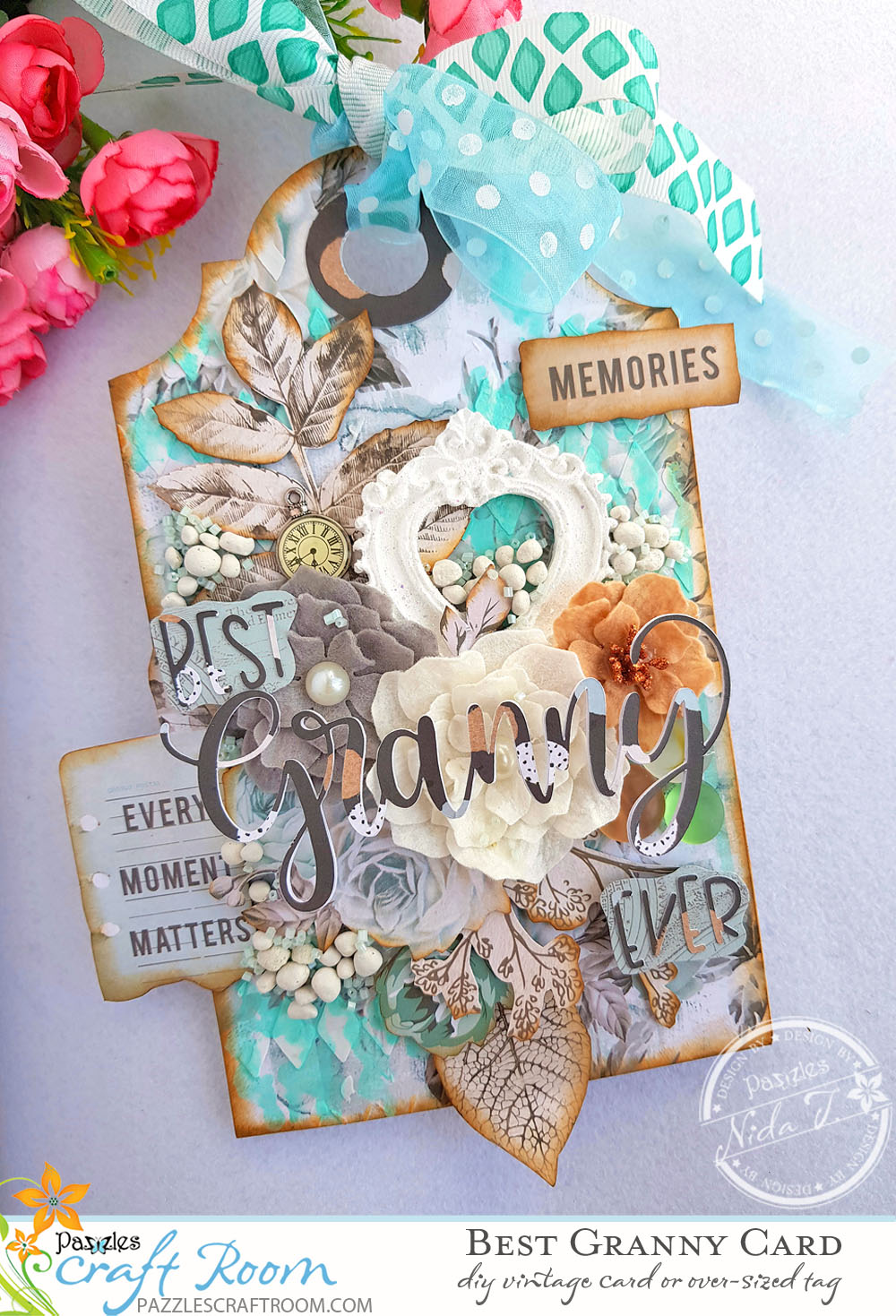 Pazzles DIY Mixed Media Vintage Best Granny Card or Tag by Nida Tanweer