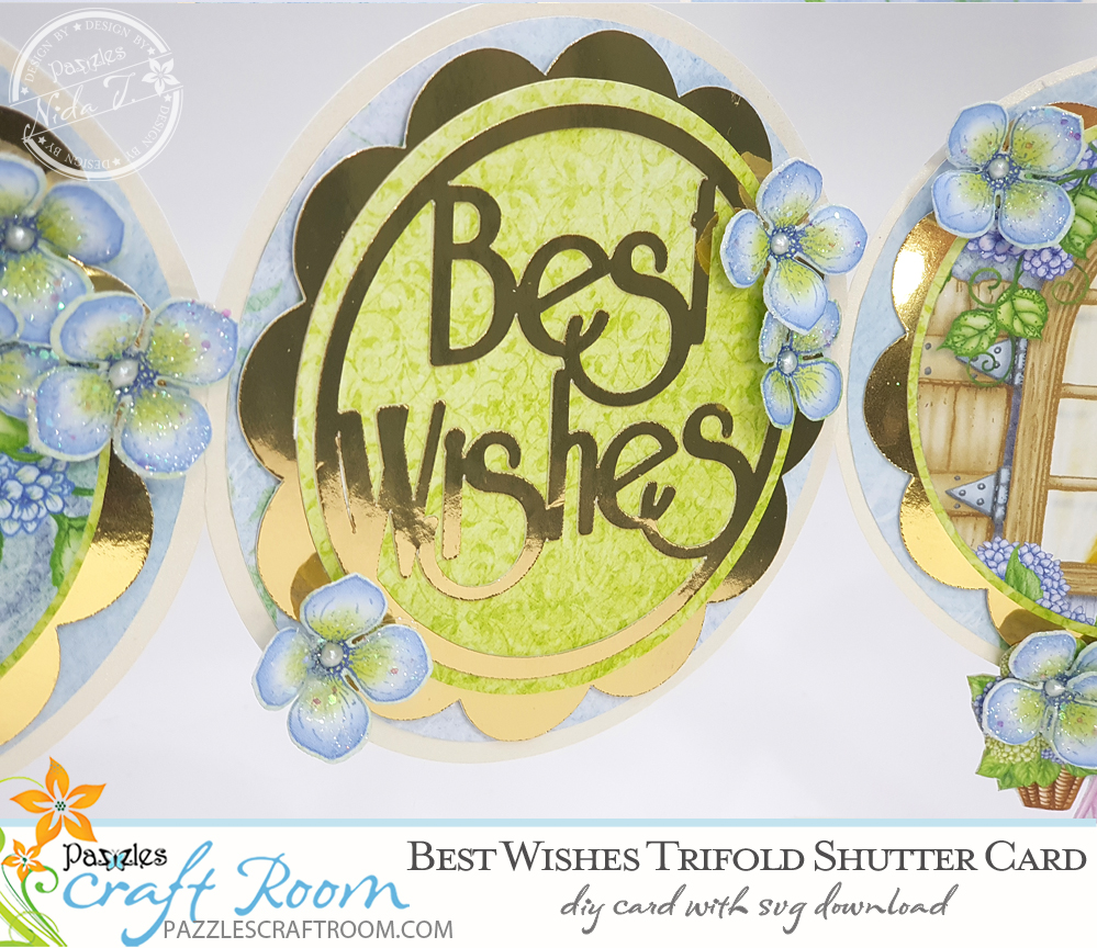 Pazzles DIY Best Wishes Trifold Shutter card with instant SVG download. Instant SVG download compatible with all major electronic cutters including Pazzles Inspiration, Cricut, and Silhouette Cameo. Design by Nida Tanweer.