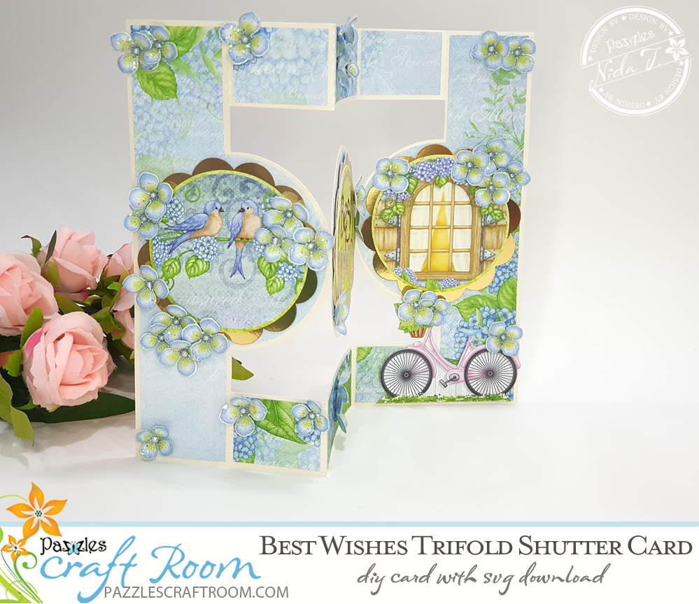 Pazzles DIY Best Wishes Trifold Shutter card with instant SVG download. Instant SVG download compatible with all major electronic cutters including Pazzles Inspiration, Cricut, and Silhouette Cameo. Design by Nida Tanweer.