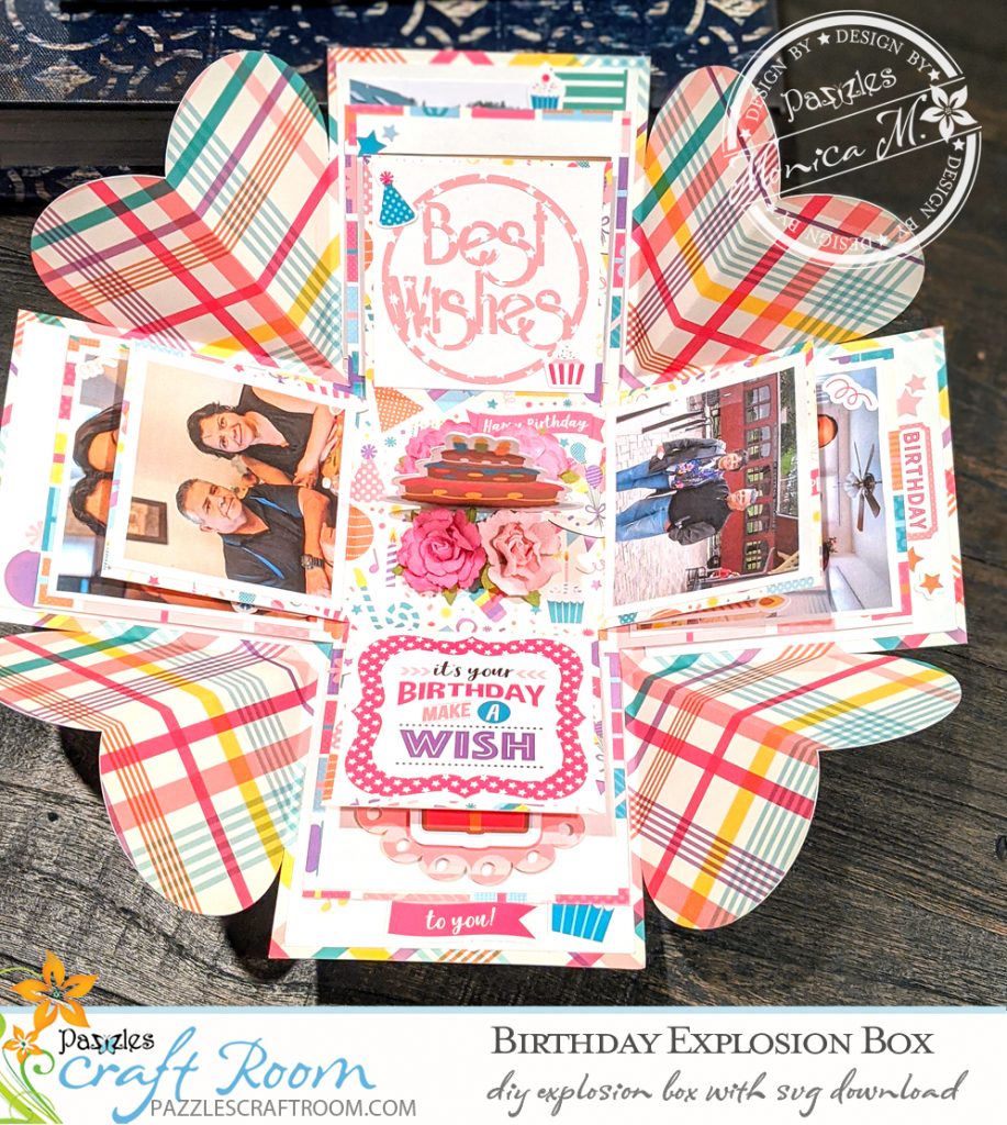 Pazzles DIY Birthday Explosion Box Card with instant SVG download. Compatible with all major electronic cutters including Pazzles Inspiration, Cricut, and Silhouette. Design by Monica Martinez. 