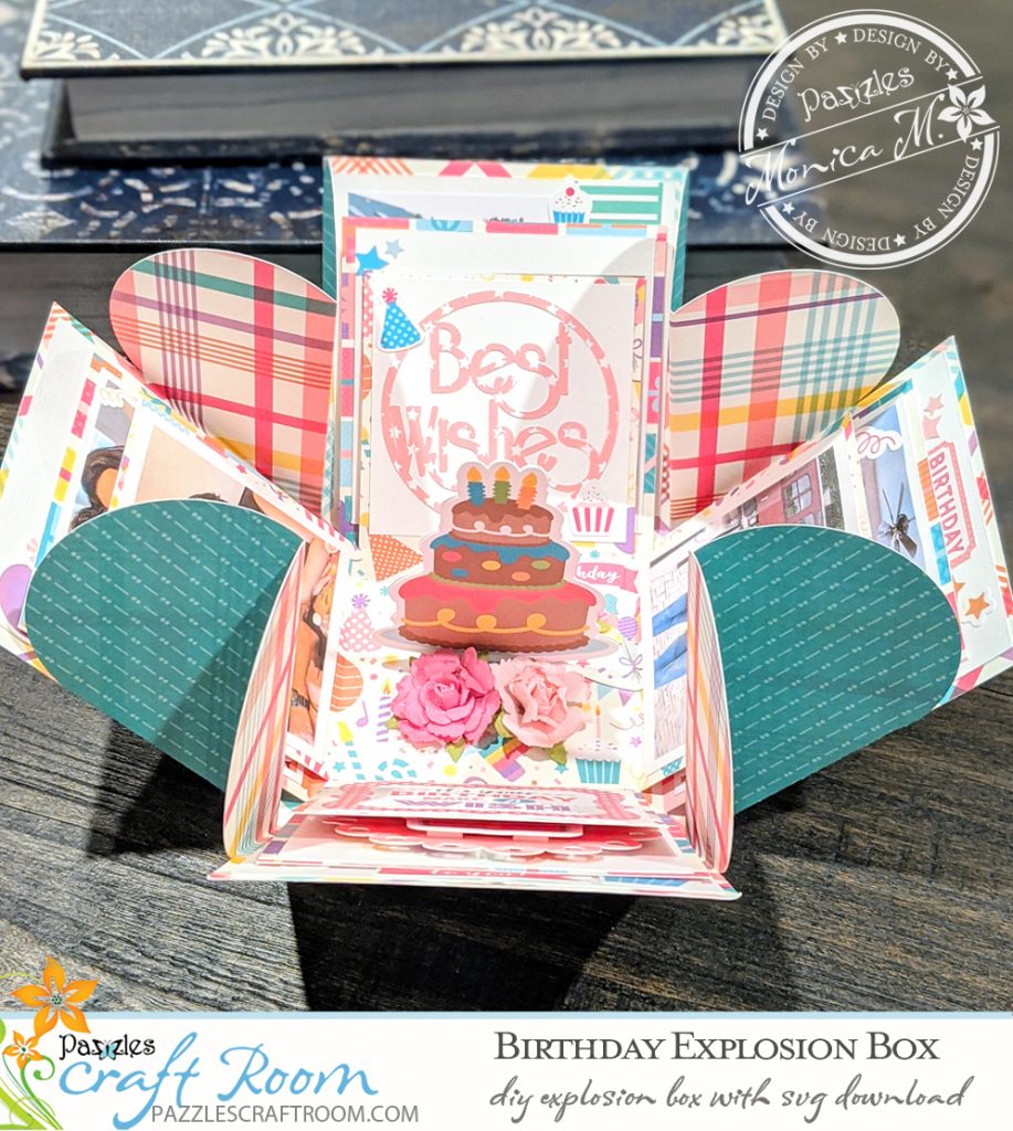 Pazzles DIY Birthday Explosion Box Card with instant SVG download. Compatible with all major electronic cutters including Pazzles Inspiration, Cricut, and Silhouette. Design by Monica Martinez. 