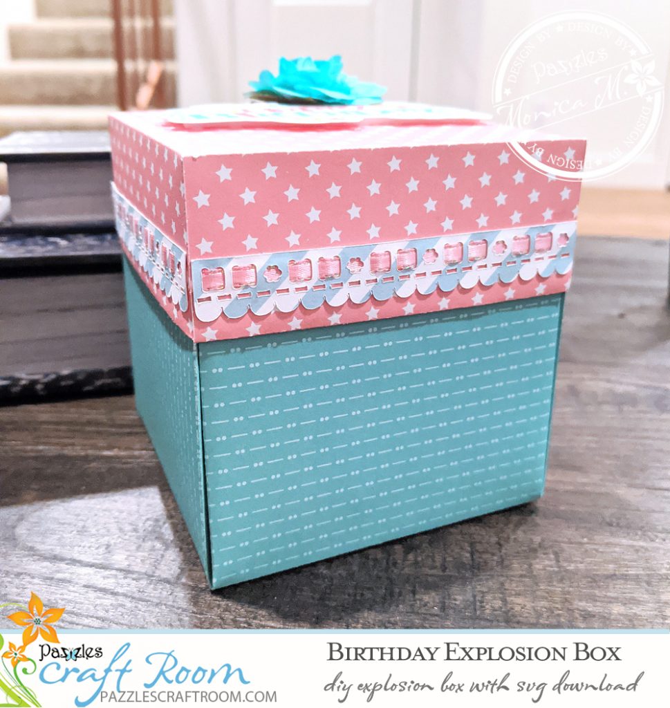 Pazzles DIY Birthday Explosion Box Card with instant SVG download. Compatible with all major electronic cutters including Pazzles Inspiration, Cricut, and Silhouette. Design by Monica Martinez. 