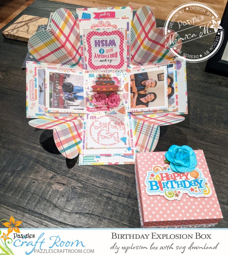 Pazzles DIY Birthday Explosion Box Card with instant SVG download. Compatible with all major electronic cutters including Pazzles Inspiration, Cricut, and Silhouette. Design by Monica Martinez. 