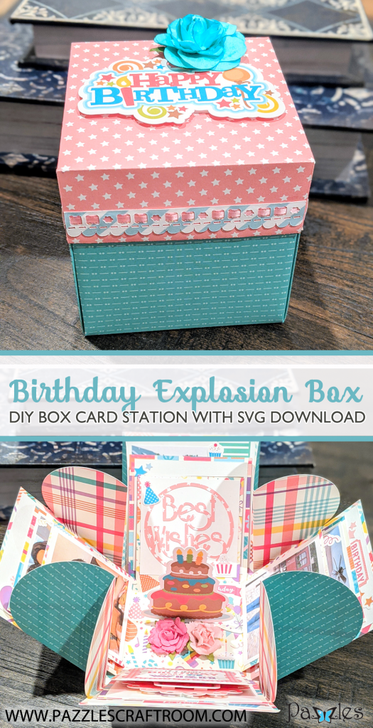 Pazzles DIY Birthday Explosion Box Card with instant SVG download. Compatible with all major electronic cutters including Pazzles Inspiration, Cricut, and Silhouette. Design by Monica Martinez. 