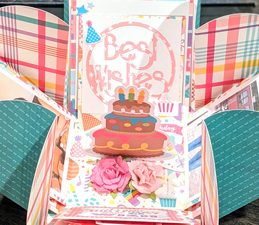 Pazzles DIY Birthday Explosion Box Card with instant SVG download. Compatible with all major electronic cutters including Pazzles Inspiration, Cricut, and Silhouette. Design by Monica Martinez.