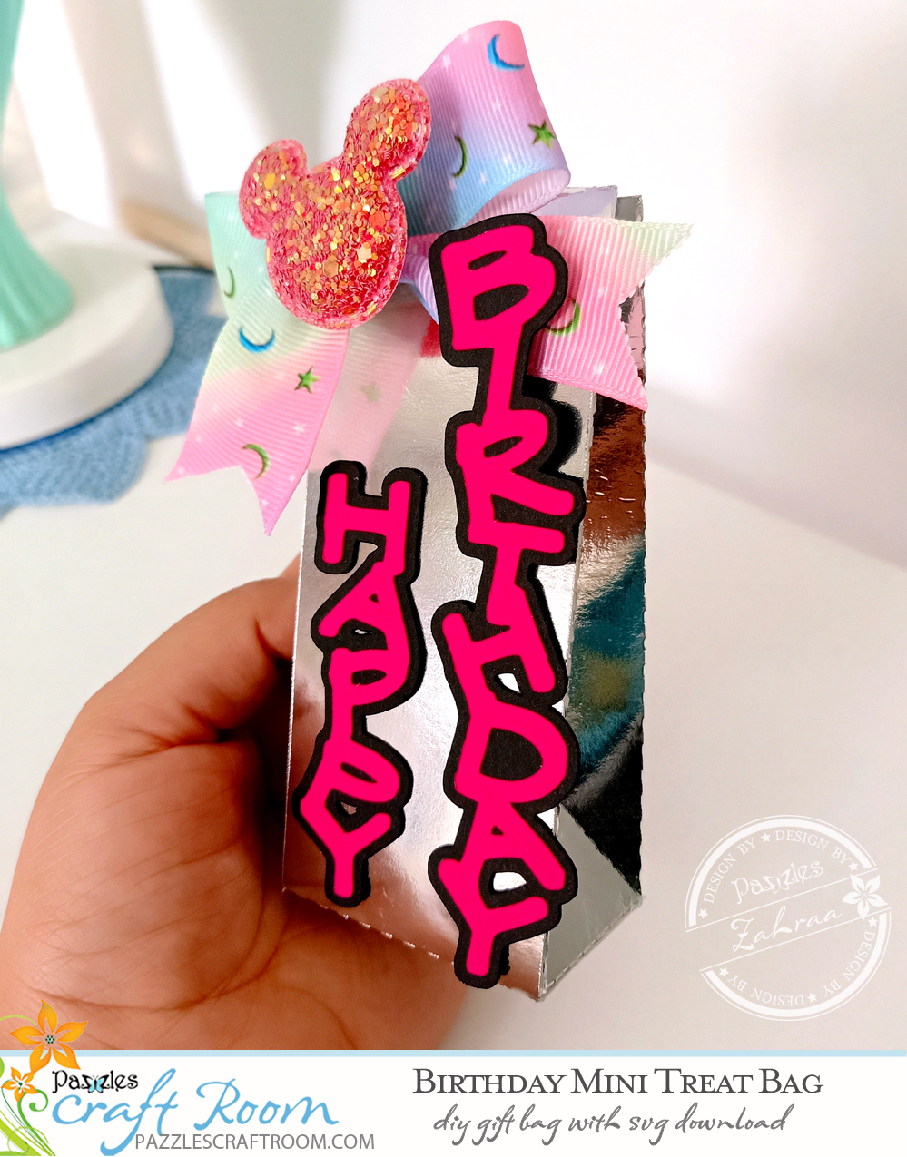 Pazzles DIY Birthday Mini Treat Bag with instant SVG download. Instant SVG download compatible with all major electronic cutters including Pazzles Inspiration, Cricut, and Silhouette Cameo.Design by Zahraa Darweesh.