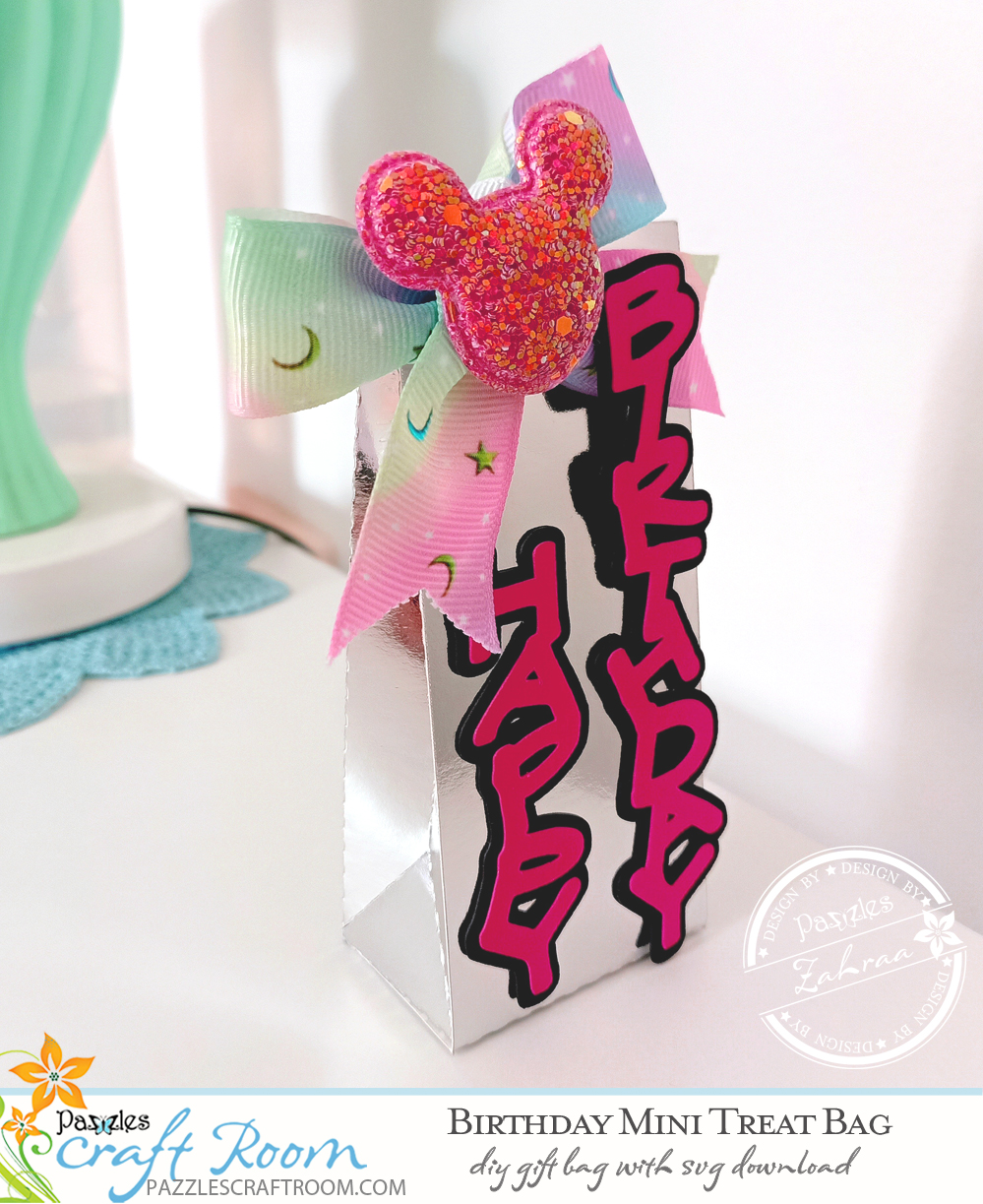 Pazzles DIY Birthday Mini Treat Bag with instant SVG download. Instant SVG download compatible with all major electronic cutters including Pazzles Inspiration, Cricut, and Silhouette Cameo.Design by Zahraa Darweesh.
