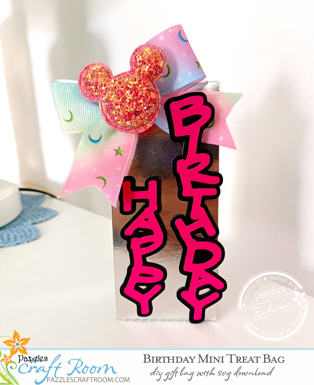 Pazzles DIY Birthday Mini Treat Bag with instant SVG download. Instant SVG download compatible with all major electronic cutters including Pazzles Inspiration, Cricut, and Silhouette Cameo.Design by Zahraa Darweesh.