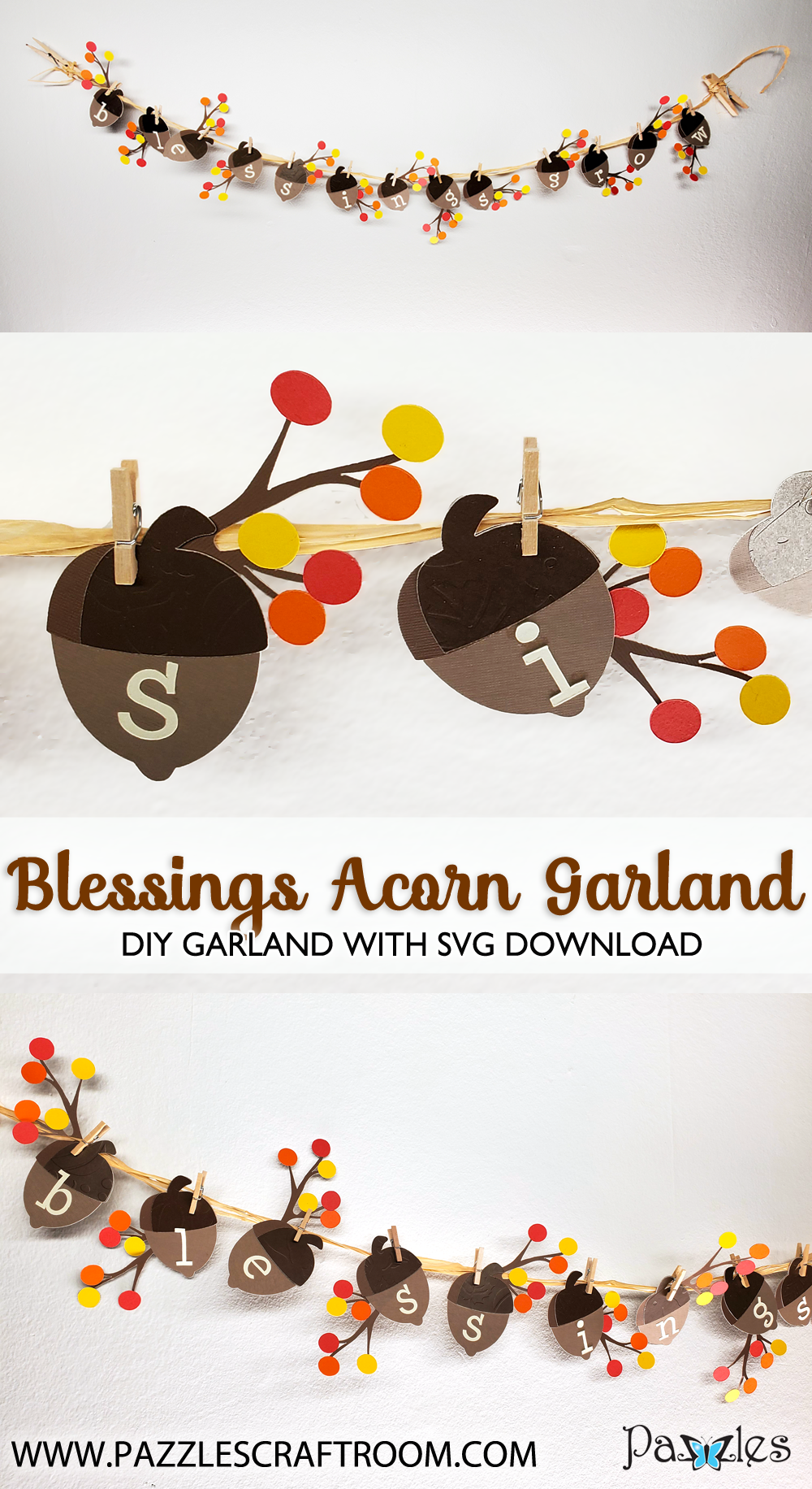 Pazzles DIY Blessings Acorn Garland with instant SVG download. Compatible with all major electronic cutters including Pazzles Inspiration, Cricut, and Silhouette Cameo. Design by Renee Smart.