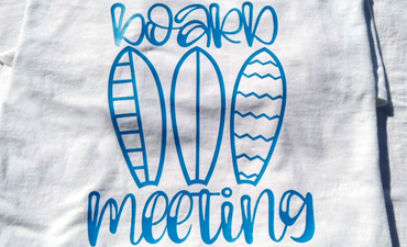 Pazzles Surfing DIY Board Meeting HTV Shirt with instant SVG download. Compatible with all major electronic cutters including Pazzles Inspiration, Cricut, and Silhouette Cameo. Design by Renee Smart.