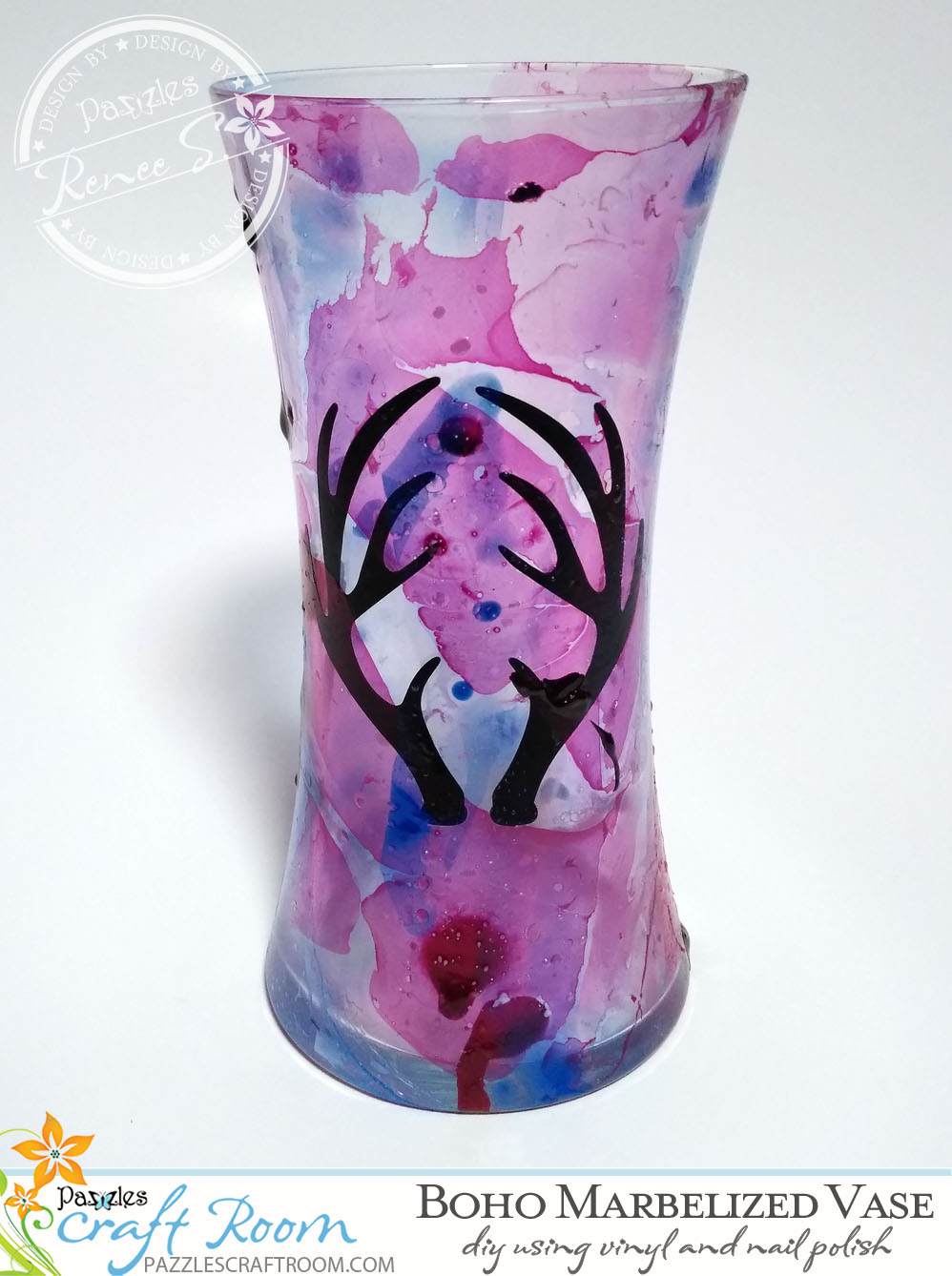 Pazzles DIY Marbleized Boho Vase using nail polish and vinyl with SVG download. Compatible with all major electronic cutters including Pazzles Inspiration, Cricut, and Silhouette Cameo. By Renee Smart.
