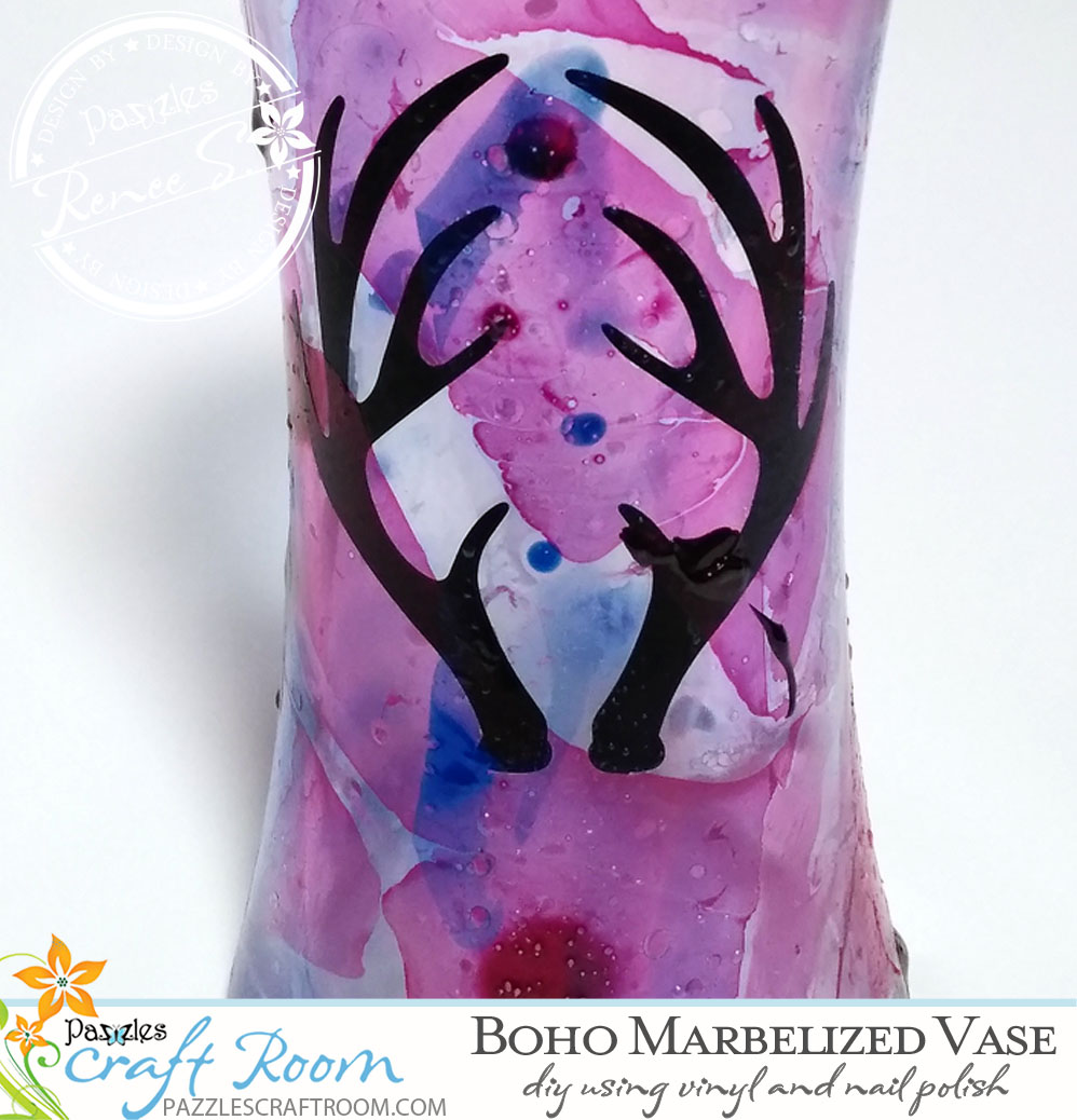 Pazzles DIY Marbleized Boho Vase using nail polish and vinyl with SVG download. Compatible with all major electronic cutters including Pazzles Inspiration, Cricut, and Silhouette Cameo. By Renee Smart.