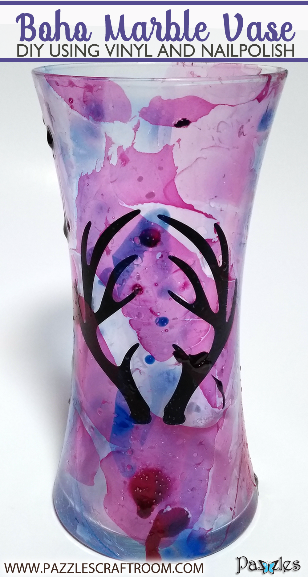 DIY Pazzles Marbelized Boho Vase using nail polish and vinyl with SVG download. Compatible with all major electronic cutters including Pazzles Inspiration, Cricut, and Silhouette Cameo. By Renee Smart.