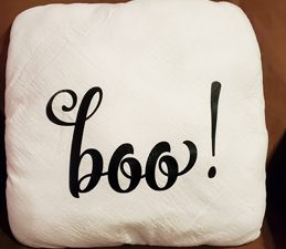 Pazzles DIY Boo Flour Sack Towel Pillow Cover with instant SVG download. Compatible with all major electronic cutters including Pazzles Inspiration, Cricut, and SIlhouette Cameo. Design by Renee Smart.