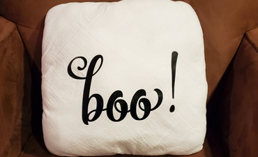 Pazzles DIY Boo Flour Sack Towel Pillow Cover with instant SVG download. Compatible with all major electronic cutters including Pazzles Inspiration, Cricut, and SIlhouette Cameo. Design by Renee Smart.