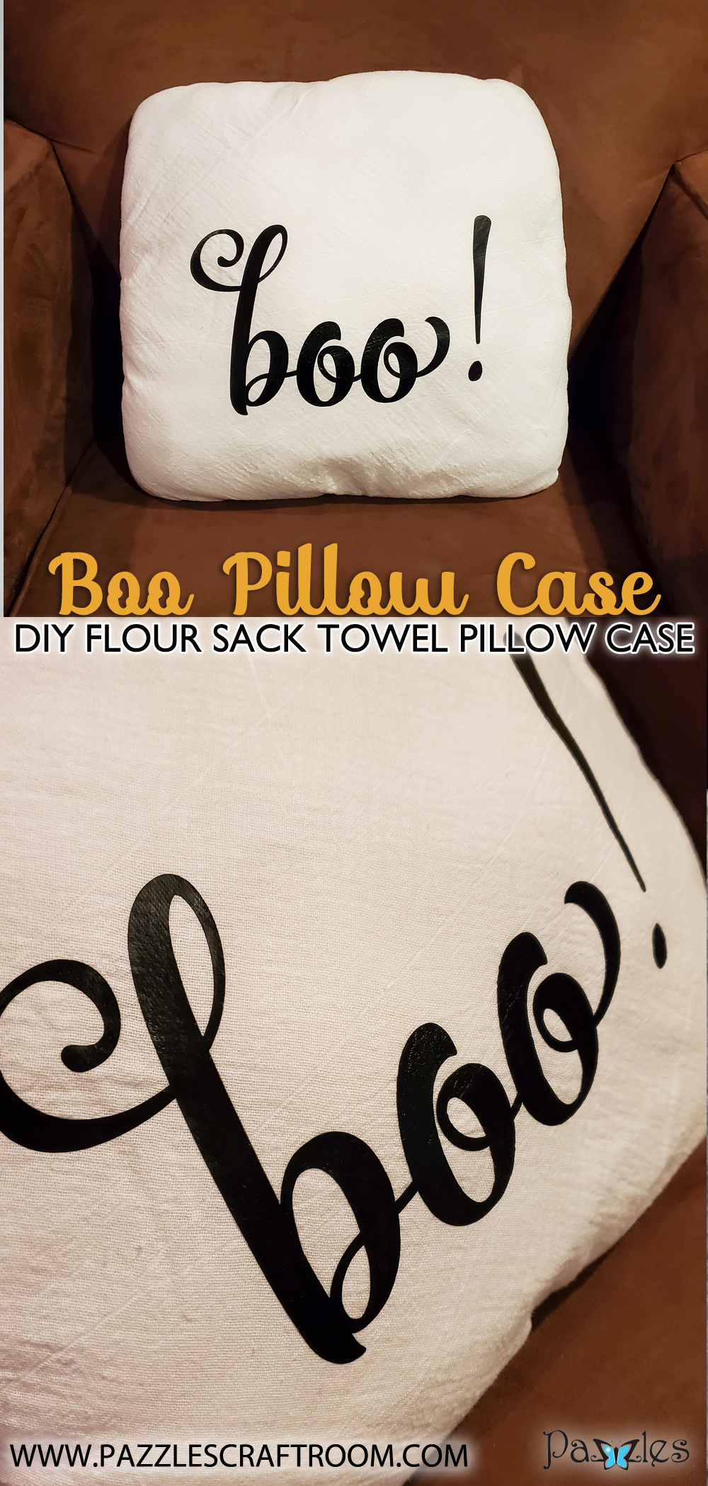 Pazzles DIY Boo Flour Sack Towel Pillow Cover with instant SVG download. Compatible with all major electronic cutters including Pazzles Inspiration, Cricut, and Silhouette Cameo. Design by Renee Smart.