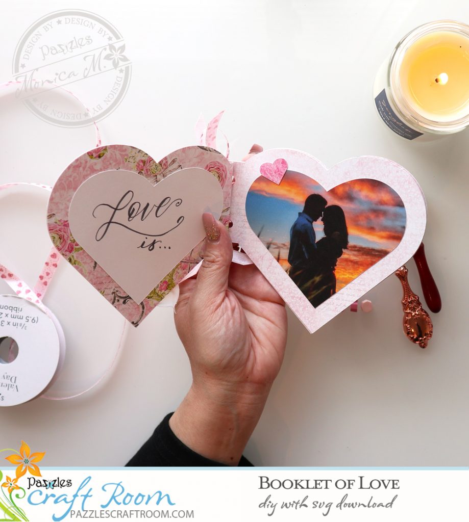 Pazzles DIY Booklet of Love Mini Album. Instant SVG download compatible with all major electronic cutters including Pazzles Inspiration, Cricut, and Silhouette Cameo. Design by Monica Martinez.