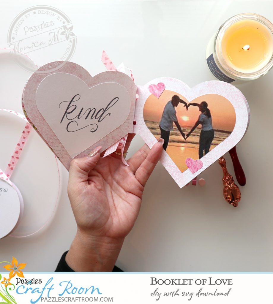 Pazzles DIY Booklet of Love Mini Album. Instant SVG download compatible with all major electronic cutters including Pazzles Inspiration, Cricut, and Silhouette Cameo. Design by Monica Martinez.