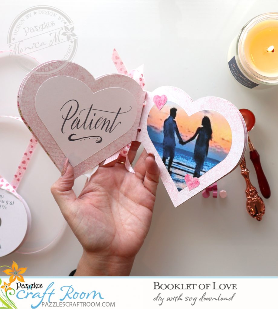 Pazzles DIY Booklet of Love Mini Album. Instant SVG download compatible with all major electronic cutters including Pazzles Inspiration, Cricut, and Silhouette Cameo. Design by Monica Martinez.