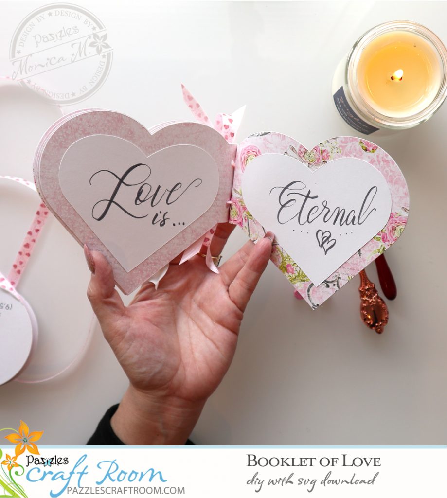 Pazzles DIY Booklet of Love Mini Album. Instant SVG download compatible with all major electronic cutters including Pazzles Inspiration, Cricut, and Silhouette Cameo. Design by Monica Martinez.