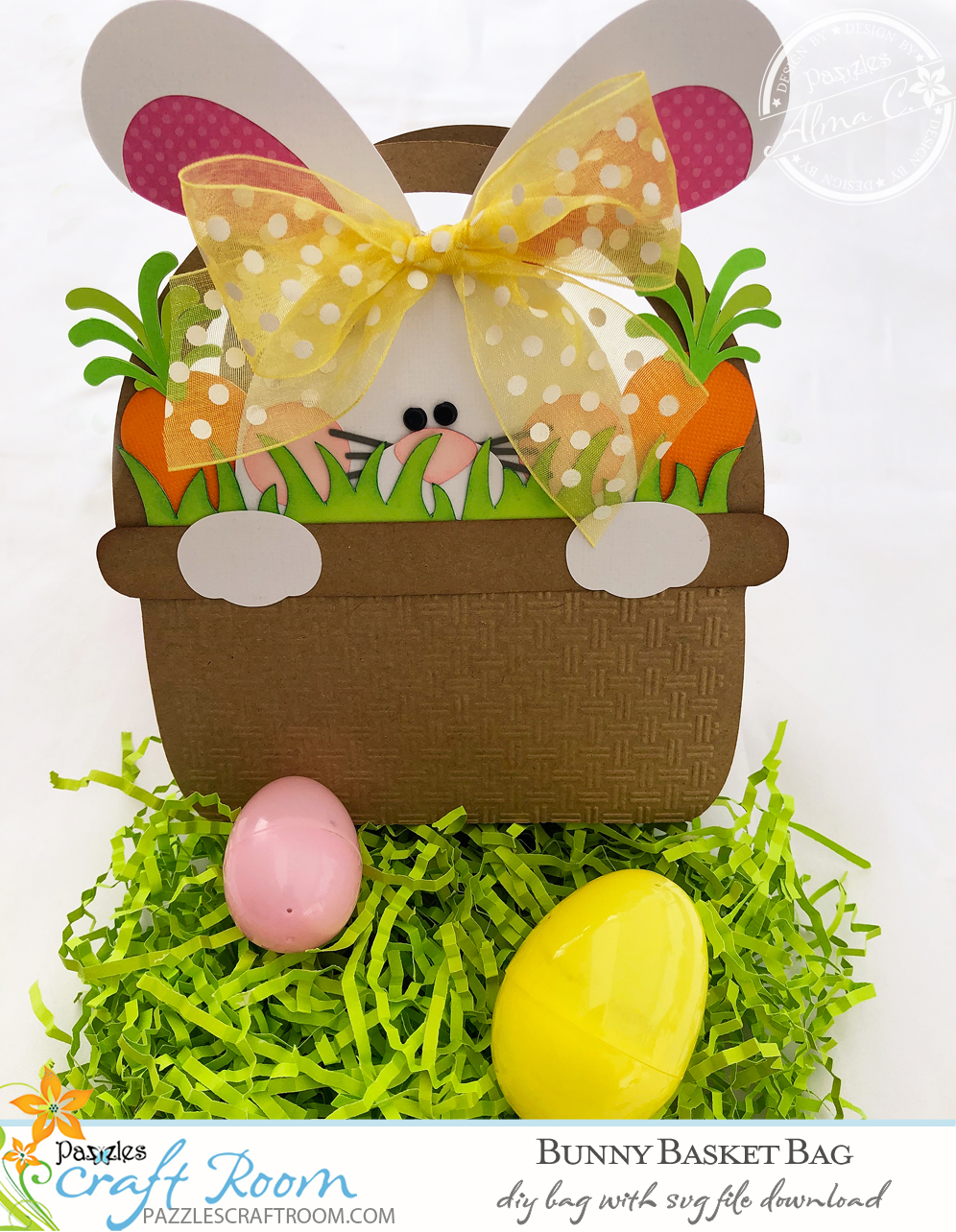 Pazzles DIY Bunny Easter Bag with instant SVG download. Compatible with all major electronic cutters including Pazzles Inspiration, Cricut, and Silhouette Cameo. Design by Alma Cervantes.