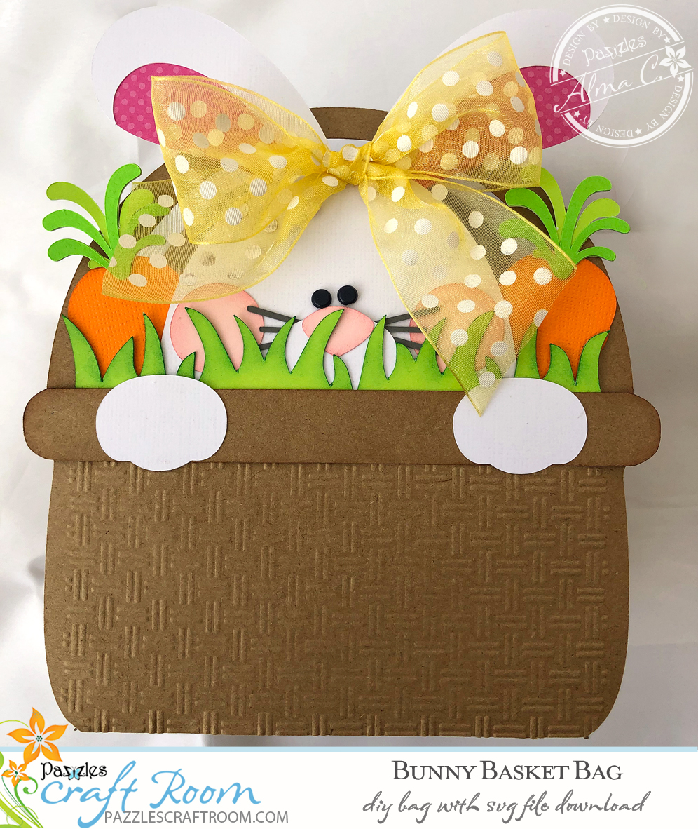 Pazzles DIY Bunny Easter Bag with instant SVG download. Compatible with all major electronic cutters including Pazzles Inspiration, Cricut, and Silhouette Cameo. Design by Alma Cervantes.