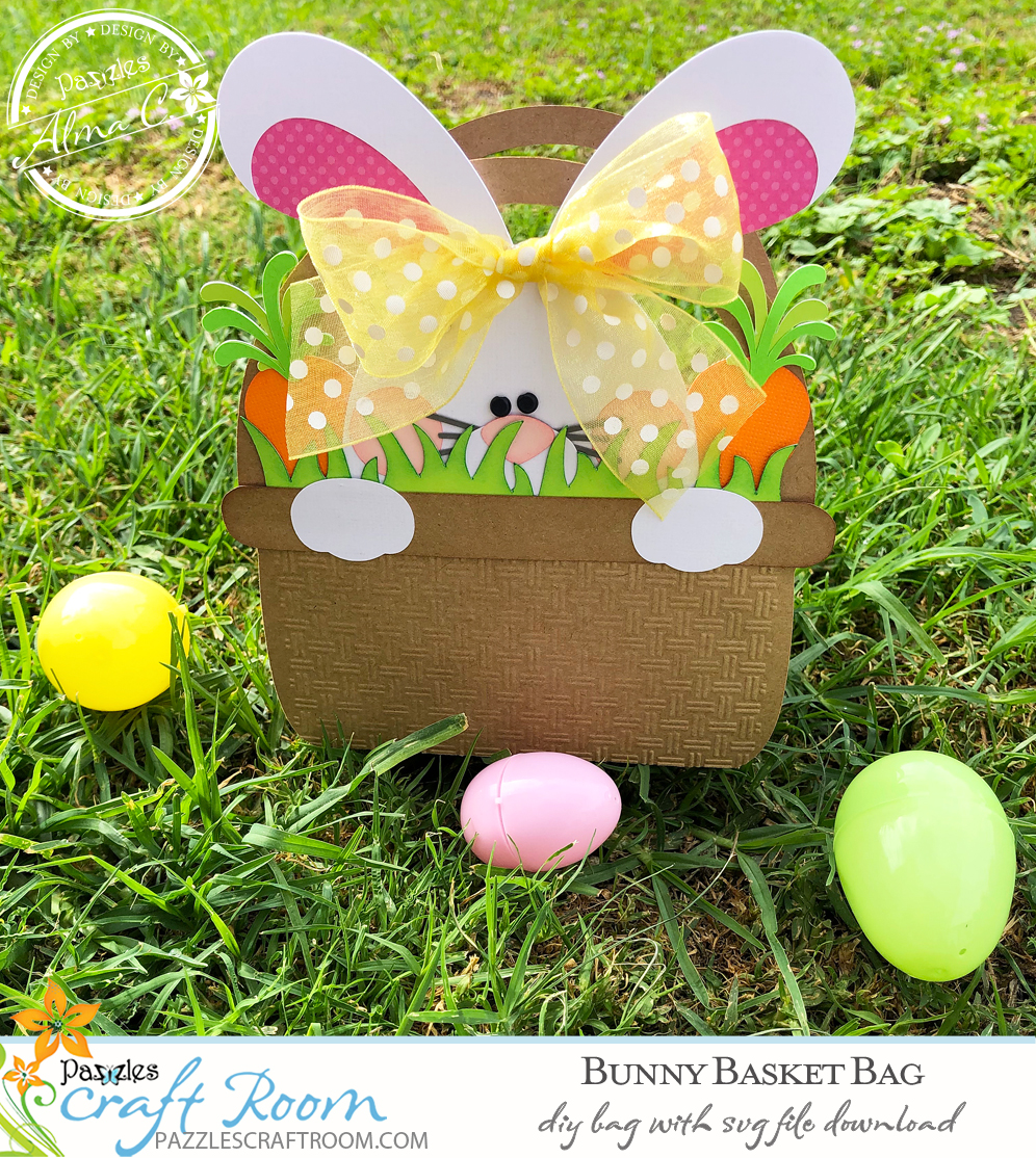 Pazzles DIY Bunny Easter Bag with instant SVG download. Compatible with all major electronic cutters including Pazzles Inspiration, Cricut, and Silhouette Cameo. Design by Alma Cervantes.