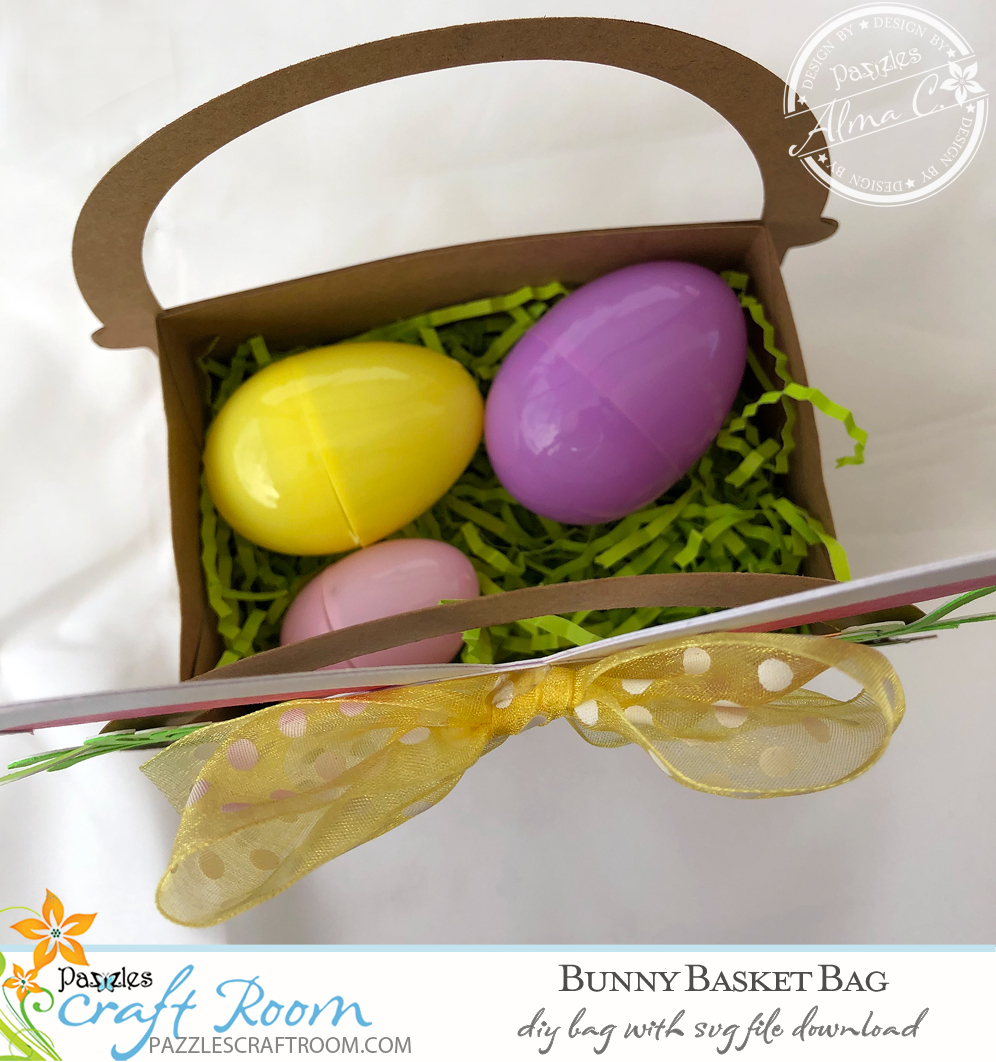 Pazzles DIY Bunny Basket Easter Bag with instant SVG download. Compatible with all major electronic cutters including Pazzles Inspiration, Cricut, and Silhouette Cameo. Design by Alma Cervantes.