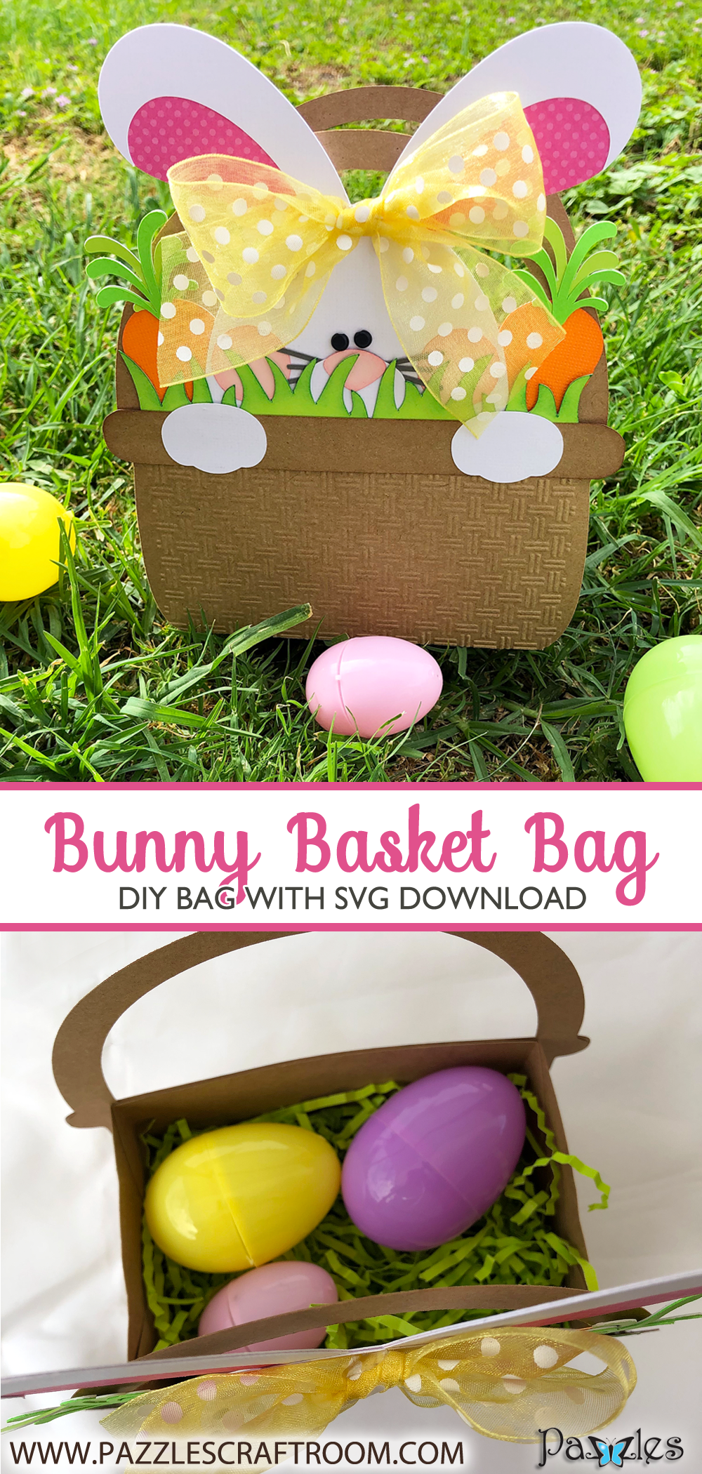 Pazzles DIY Bunny Easter Bag with instant SVG download. Compatible with all major electronic cutters including Pazzles Inspiration, Cricut, and Silhouette Cameo. Design by Alma Cervantes.