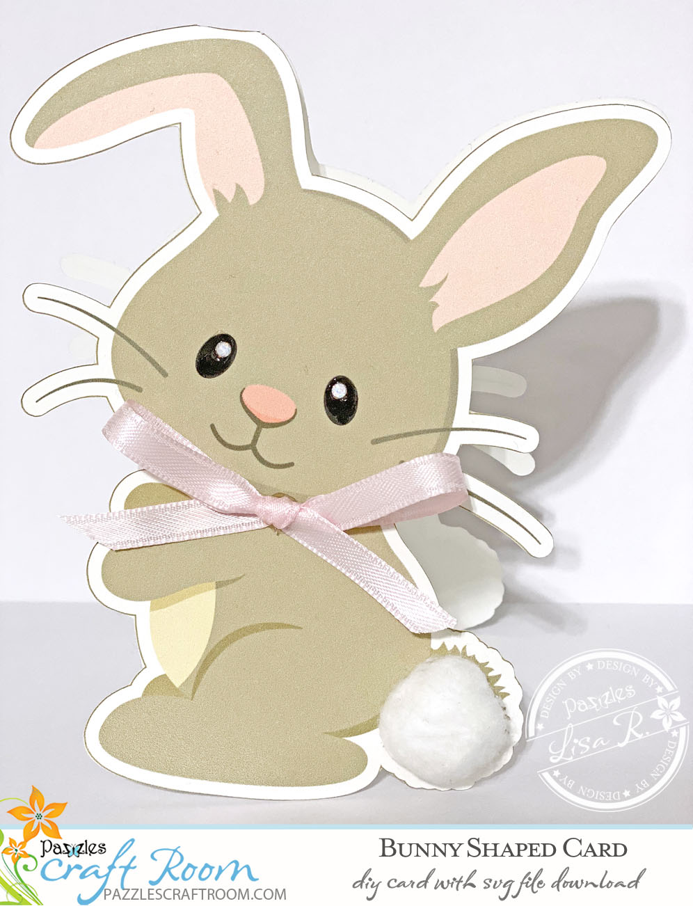 Pazzles DIY Bunny Card with instant SVG download. Compatible with all major electronic cutters including Pazzles Inspiration, Cricut, and Silhouette Cameo. Design by Lisa Reyna.