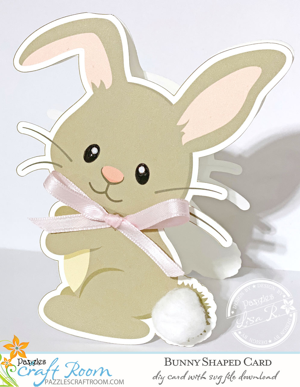 Pazzles DIY Bunny Card with instant SVG download. Compatible with all major electronic cutters including Pazzles Inspiration, Cricut, and Silhouette Cameo. Design by Lisa Reyna.