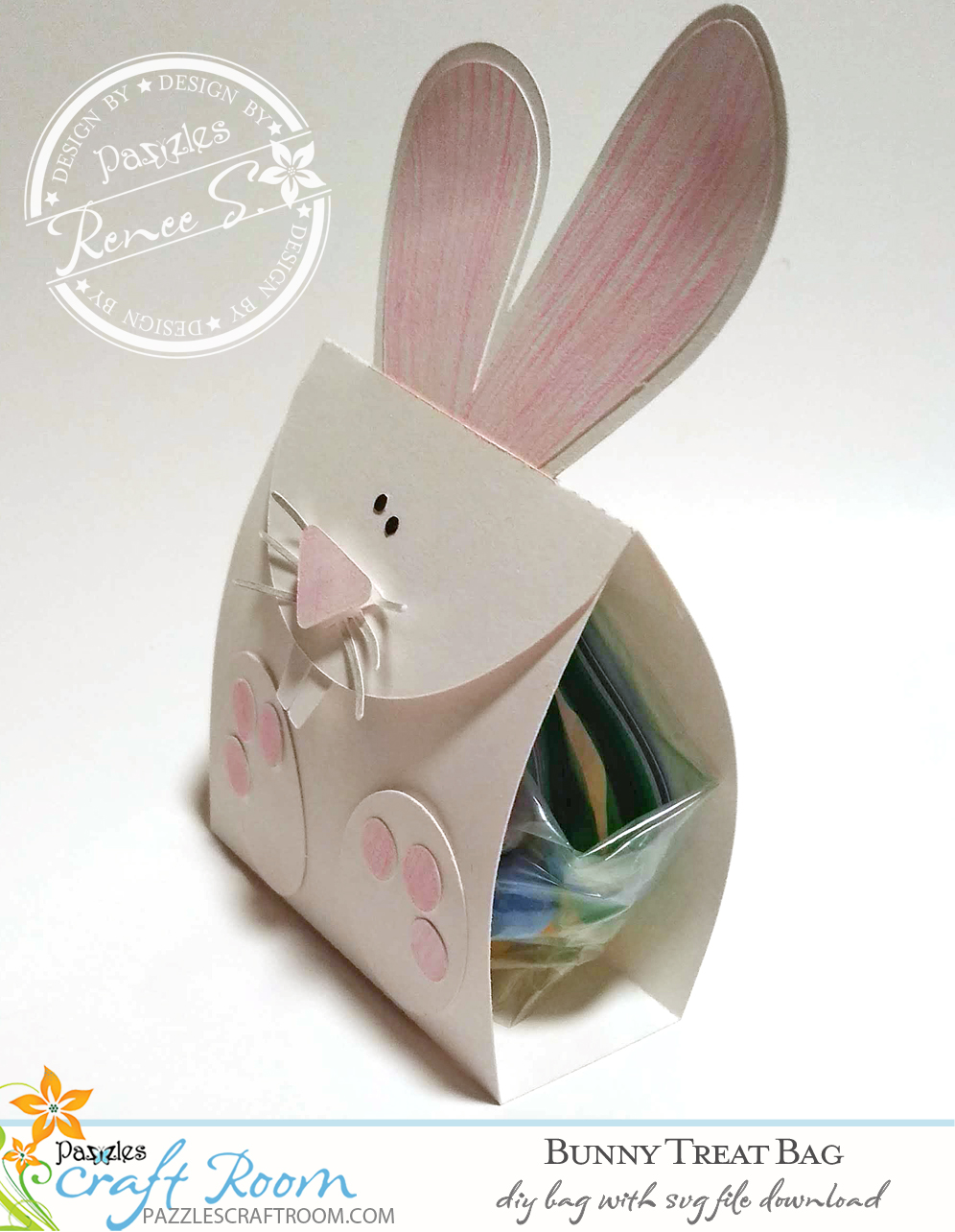 Pazzles DIY Bunny Treat Bag with instant SVG download. Compatible with all major electronic cutters including Pazzles Inspiration, Cricut, and Silhouette Cameo. Design by Renee Smart.