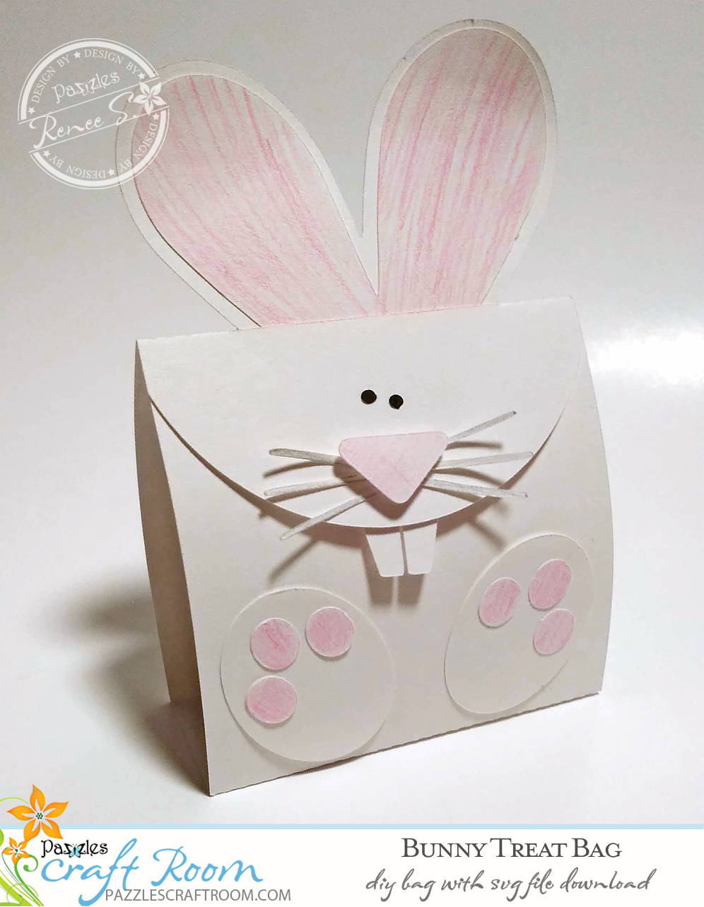 Pazzles DIY Bunny Treat Bag with instant SVG download. Compatible with all major electronic cutters including Pazzles Inspiration, Cricut, and Silhouette Cameo. Design by Renee Smart.