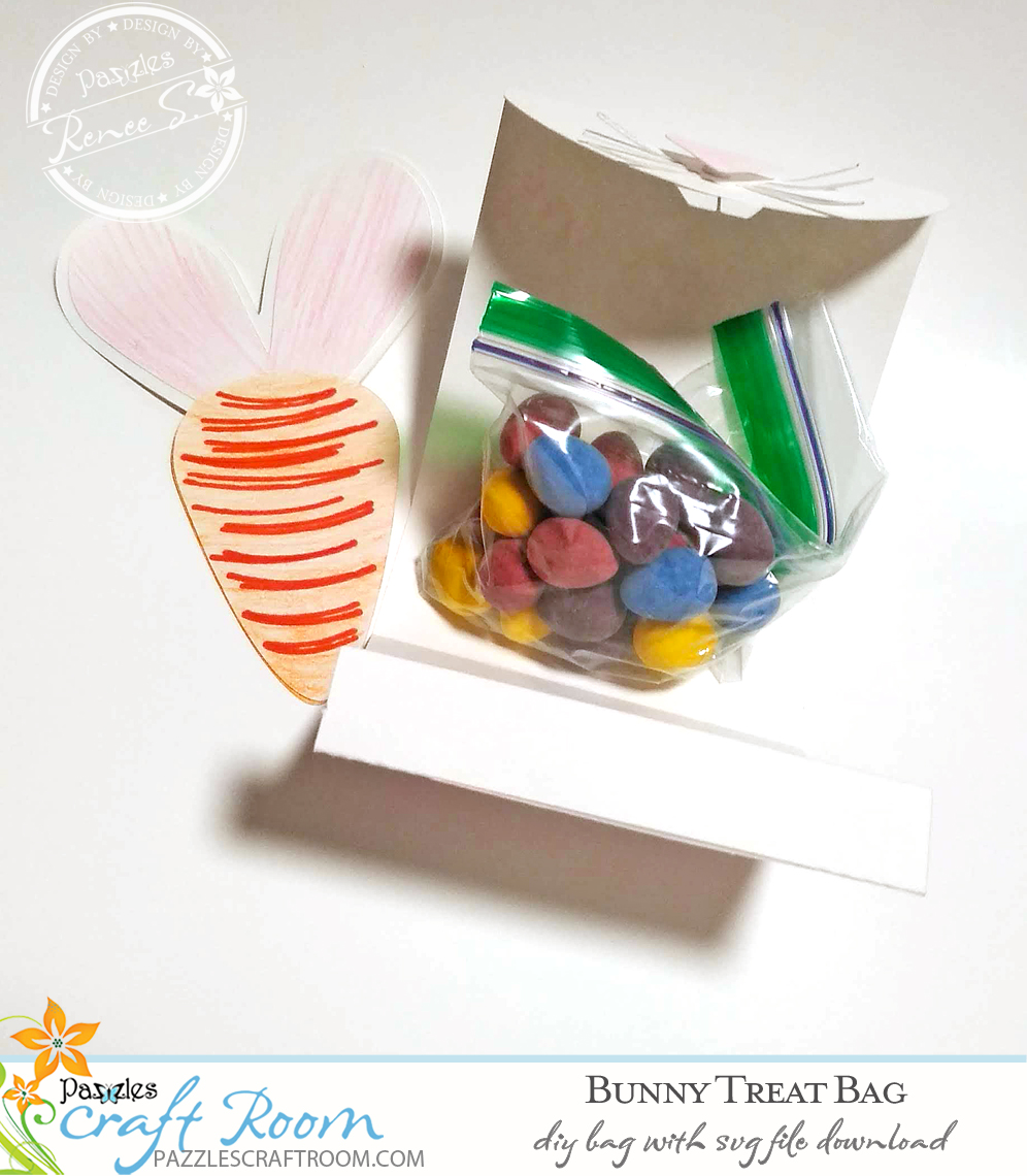 Pazzles DIY Bunny Treat Bag with instant SVG download. Compatible with all major electronic cutters including Pazzles Inspiration, Cricut, and Silhouette Cameo. Design by Renee Smart.