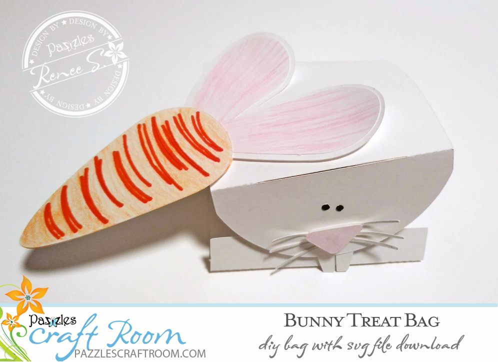 Pazzles DIY Bunny Treat Bag with instant SVG download. Compatible with all major electronic cutters including Pazzles Inspiration, Cricut, and Silhouette Cameo. Design by Renee Smart.