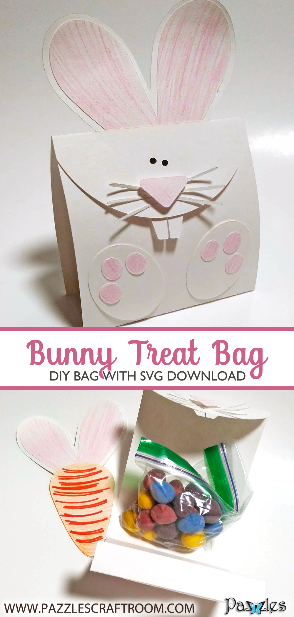 Pazzles DIY Bunny Treat Bag with instant SVG download. Compatible with all major electronic cutters including Pazzles Inspiration, Cricut, and Silhouette Cameo. Design by Renee Smart.