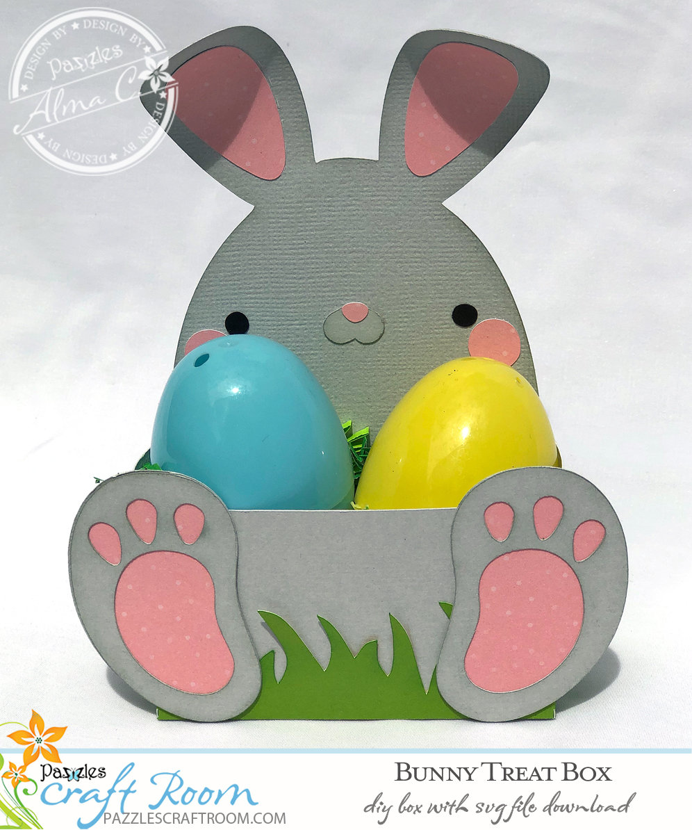 Pazzles DIY Bunny Treat Box for Easter with instant SVG download. Compatible with all major electronic cutters including Pazzles Inspiration, Cricut, and Silhouette Cameo. Design by Alma Cervantes from SVGCuttables.