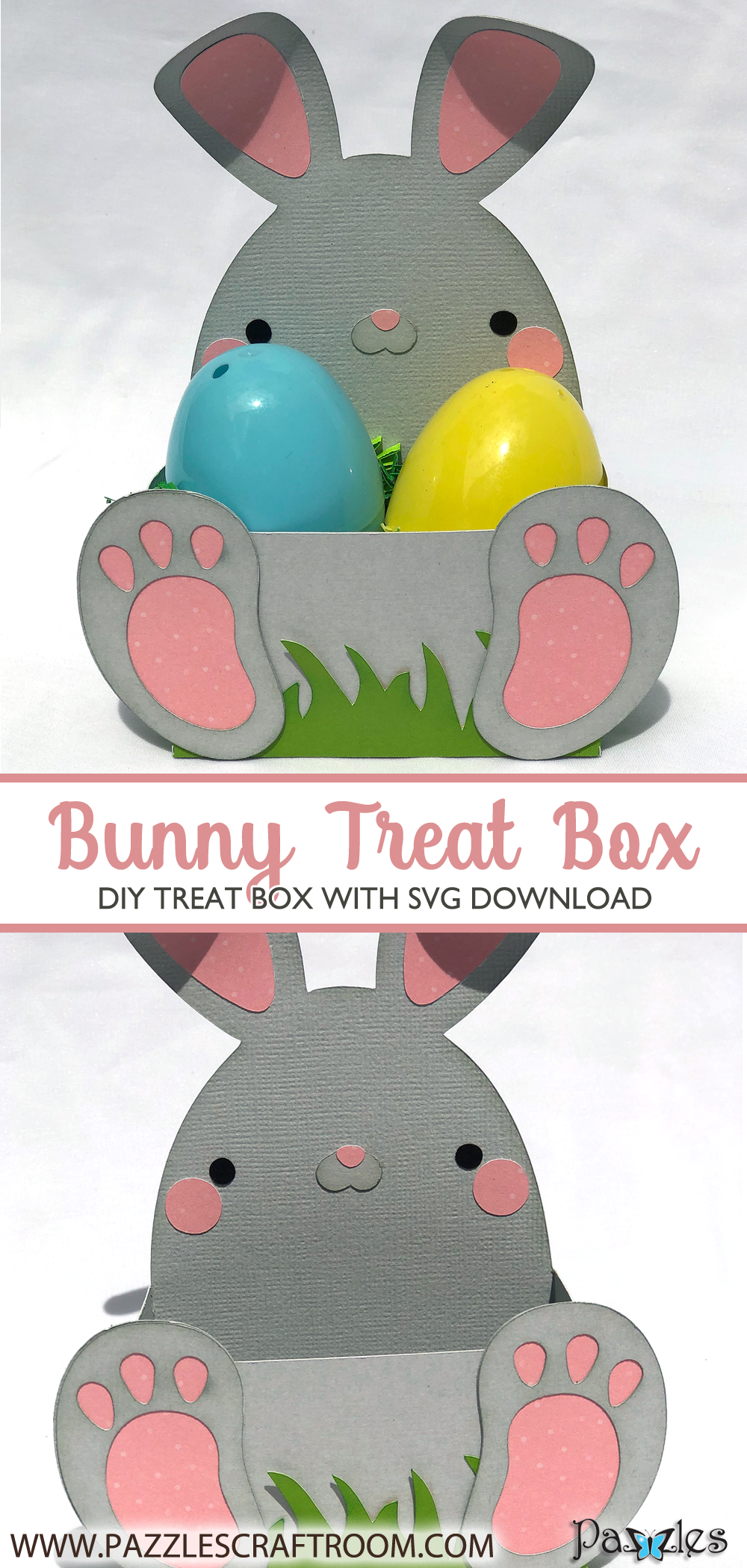 Pazzles DIY Bunny Treat Box for Easter with instant SVG download. Compatible with all major electronic cutters including Pazzles Inspiration, Cricut, and Silhouette Cameo. Design by Alma Cervantes from SVGCuttables.