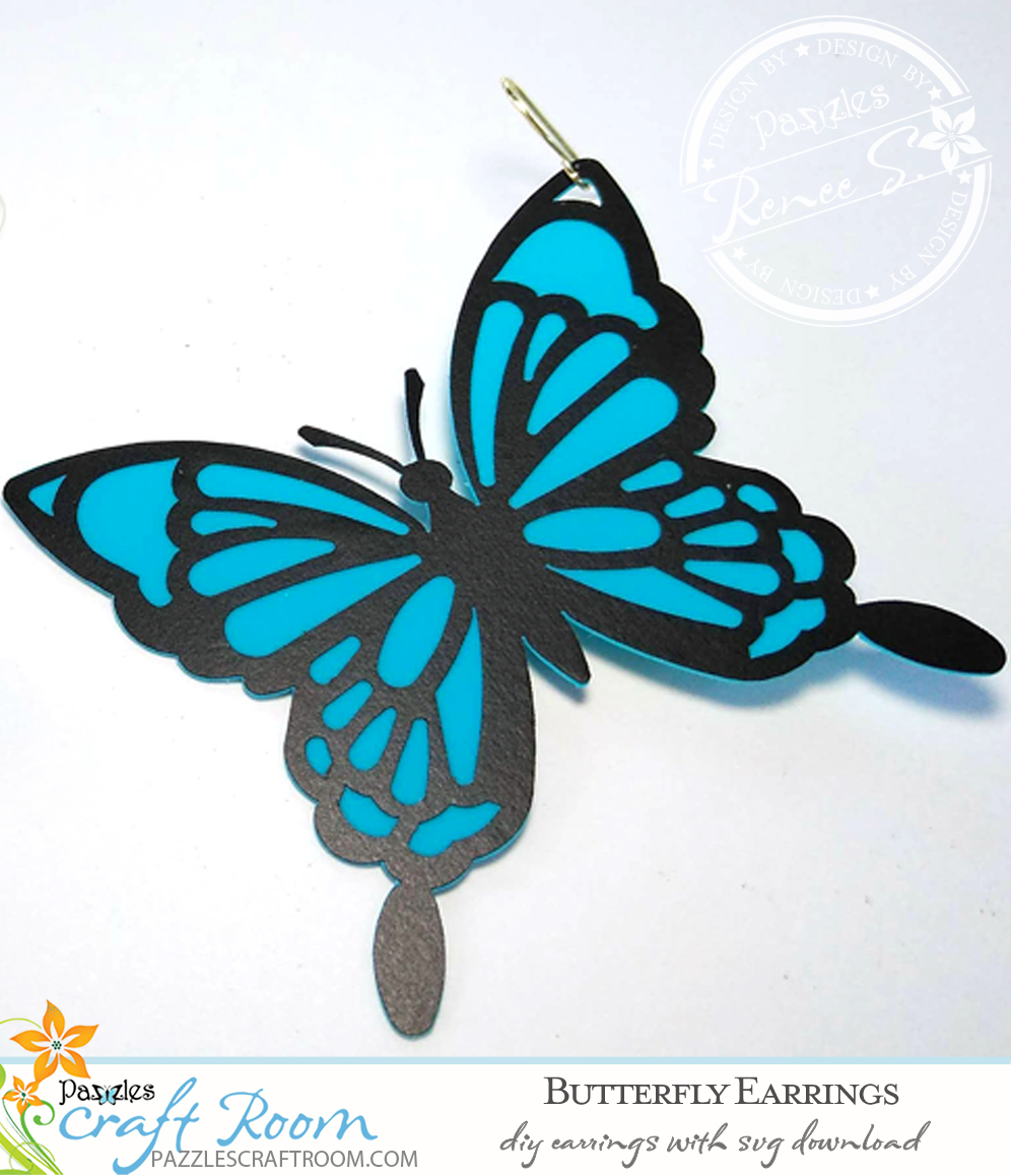 Pazzles DIY Butterfly Earrings with instant SVG download. Compatible with all major electronic cutters including Pazzles Inspiration, Cricut, and Silhouette Cameo. Design by Renee Smart.