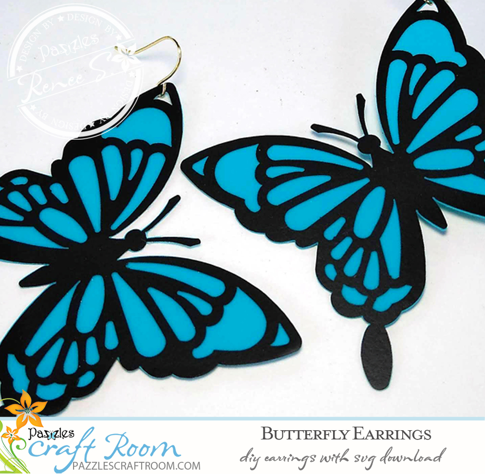 Pazzles DIY Butterfly Earrings with instant SVG download. Compatible with all major electronic cutters including Pazzles Inspiration, Cricut, and Silhouette Cameo. Design by Renee Smart.
