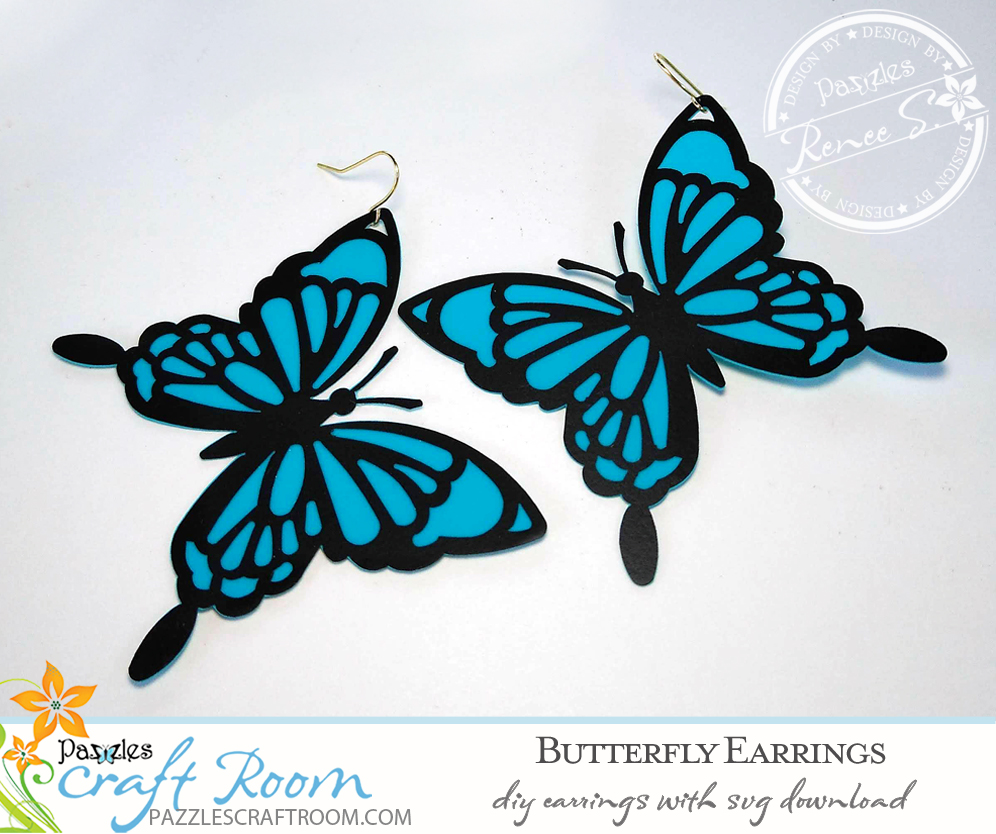 Pazzles DIY Butterfly Earrings with instant SVG download. Compatible with all major electronic cutters including Pazzles Inspiration, Cricut, and Silhouette Cameo. Design by Renee Smart.